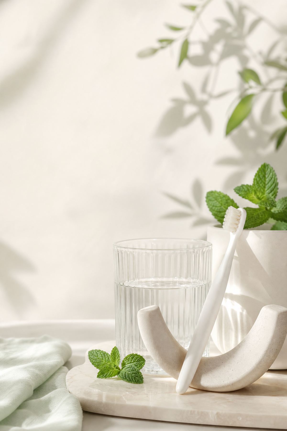 A calm editorial still life of a clear glass of water, a white toothbrush, and fresh mint leaves on a soft cream surface in gentle morning light.