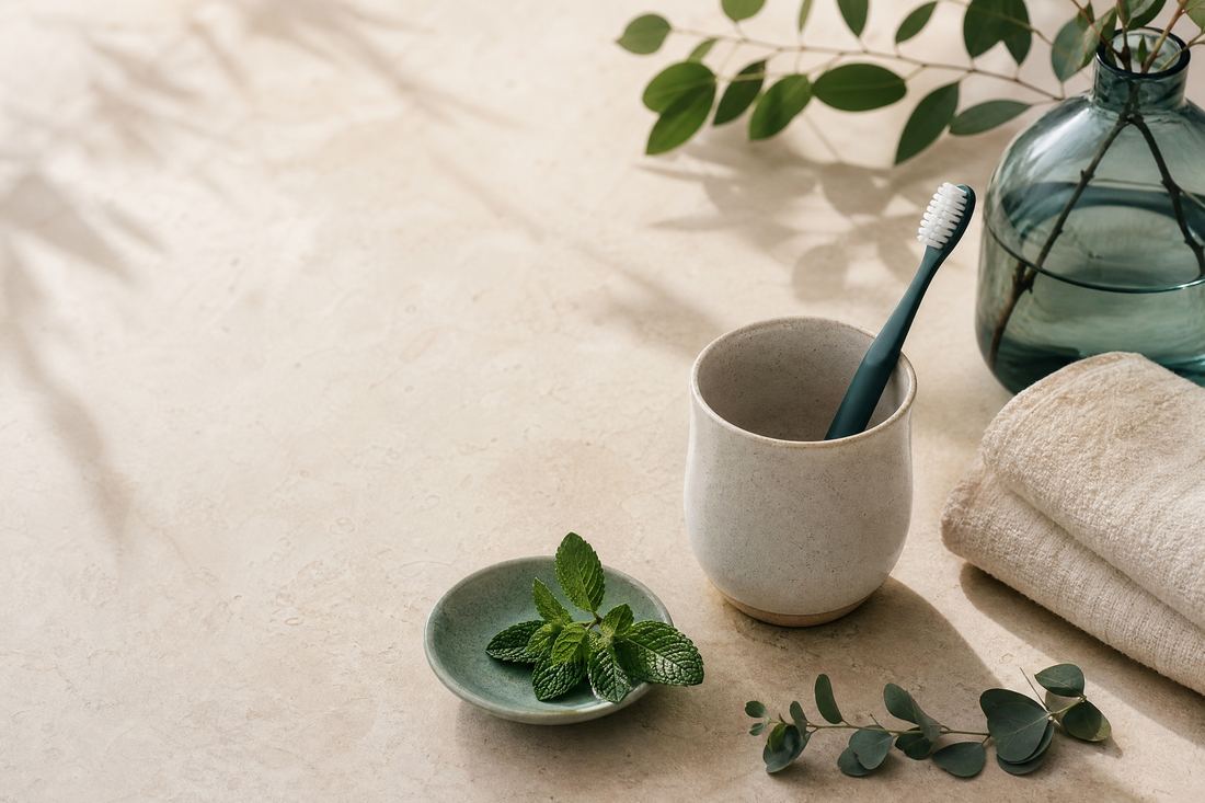 Overhead editorial arrangement of a clear glass, a white toothbrush, folded towel, and mint sprigs on a warm cream tabletop in natural daylight.